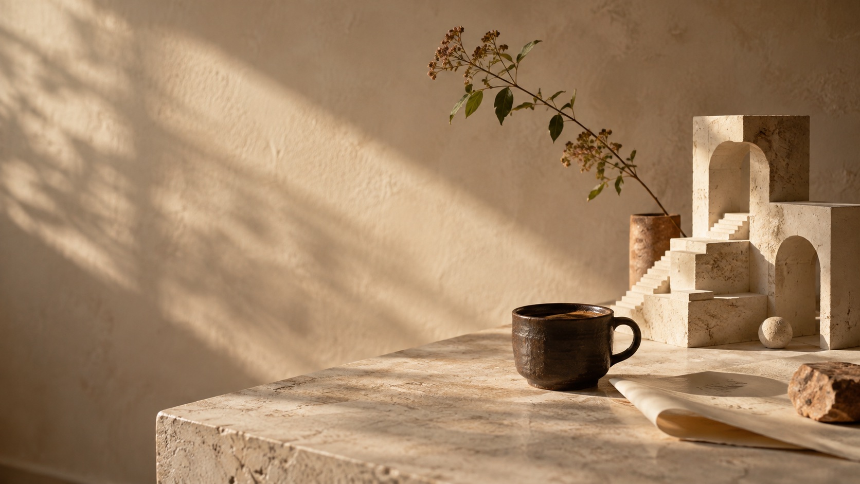 An architectural model, ceramic coffee cup, and botanical stem on a sunlit stone table
