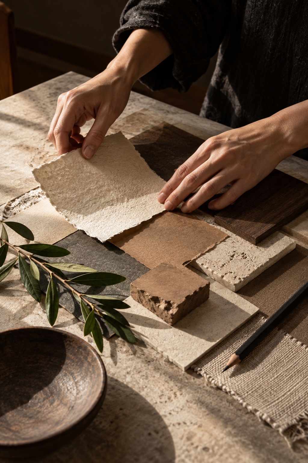 Hands arranging paper, clay, stone, and a botanical branch on a worktable