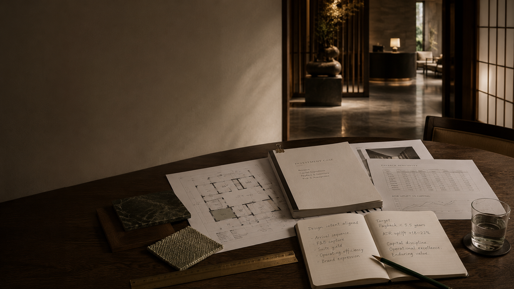 An owner-side advisory table with floorplans, capex notes, and material samples in a luxury hotel
