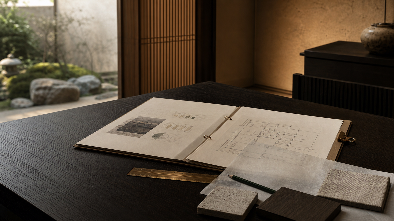 An open binder with floorplans, zone KPIs, and guest journey diagrams