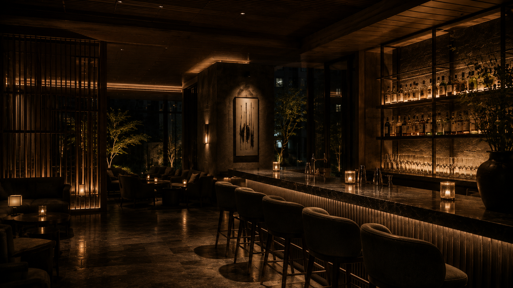 A dark luxury hotel bar in late-evening atmosphere