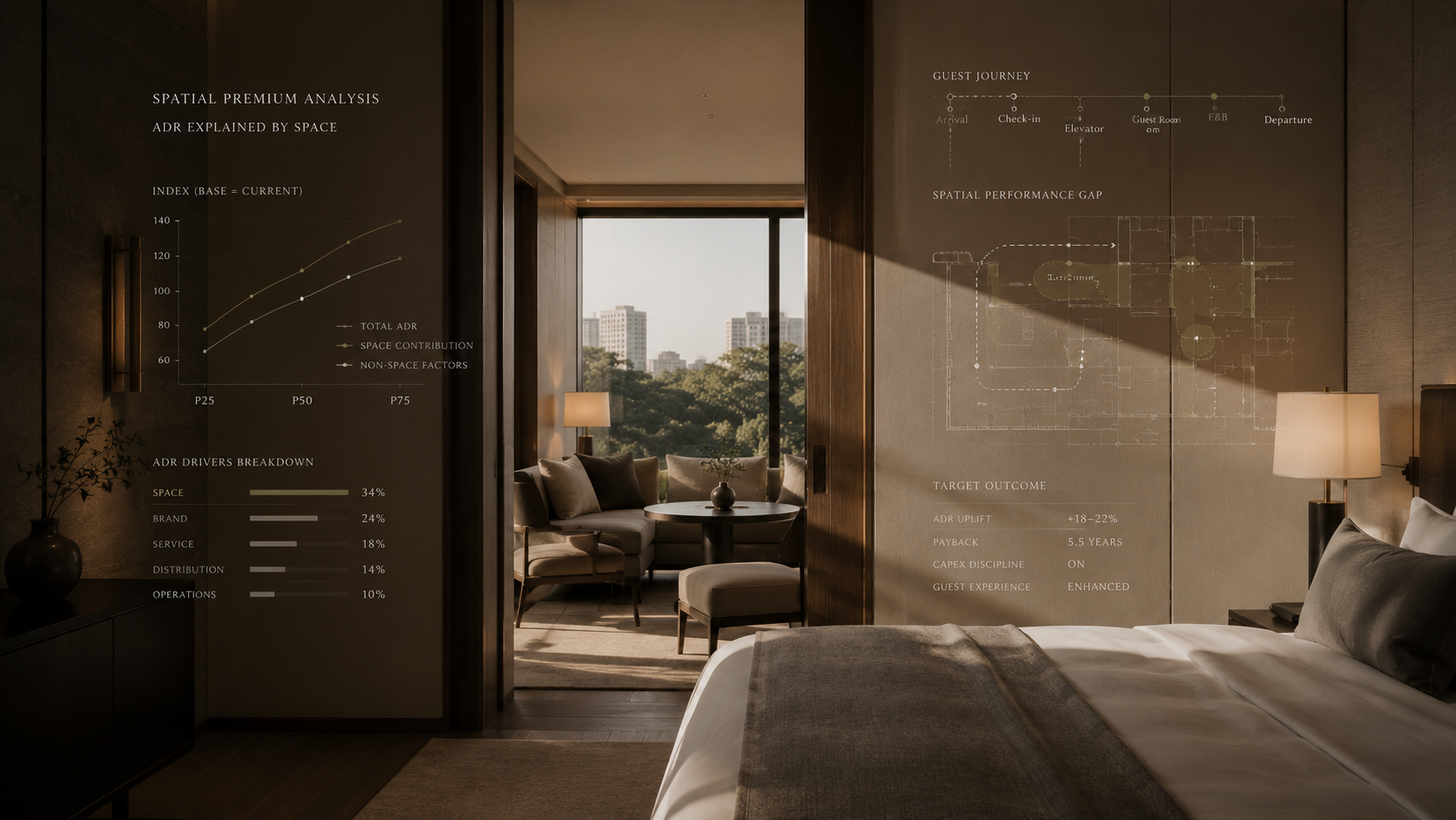A luxury suite with a subtle analytical overlay on spatial value